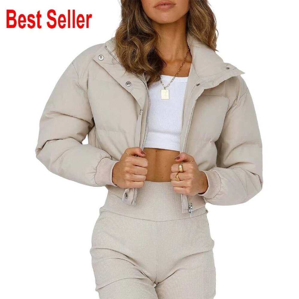 Cropped Puffer Jacket Stand Collar Zip Up Winter Padded Down Coat Chic
